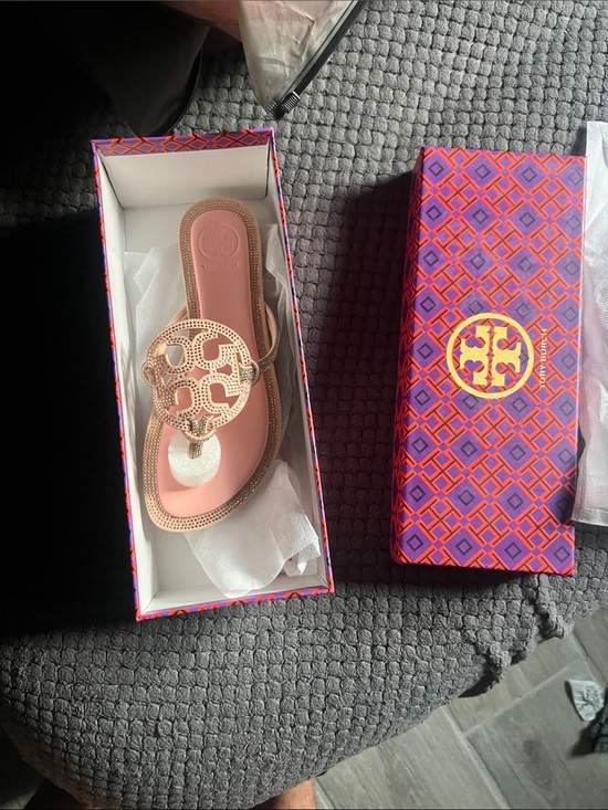 Tory Burch Shoes - Tory Burch Metallic Rose Gold Cutout Logo Thong Sandal